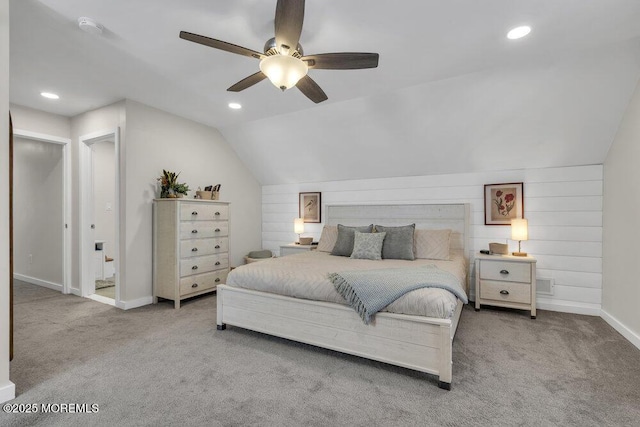 carpeted bedroom with ceiling fan, baseboards, vaulted ceiling, and recessed lighting