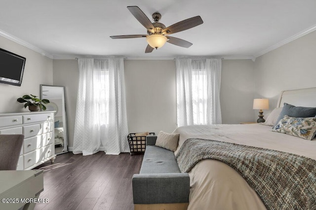 bedroom with dark wood-style flooring, multiple windows, a ceiling fan, and crown molding