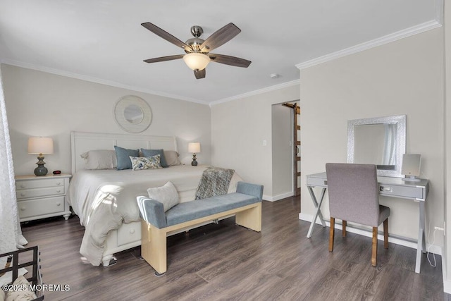 bedroom with a ceiling fan, crown molding, baseboards, and wood finished floors