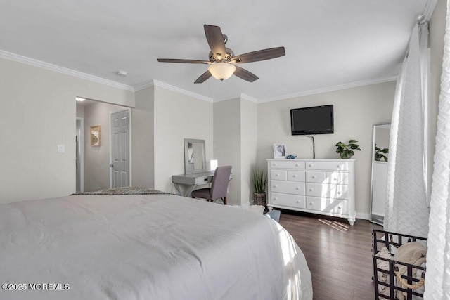 bedroom with dark wood-style floors, ceiling fan, and ornamental molding