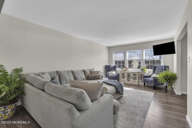 living area featuring baseboards and wood finished floors