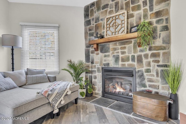 living room with a fireplace and wood finished floors