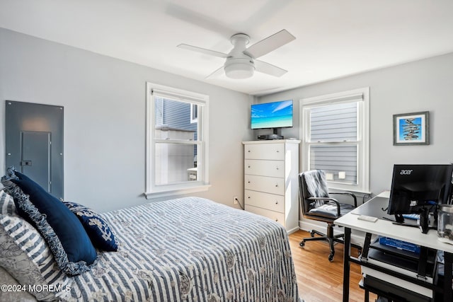 bedroom featuring light wood-style floors, an office area, and a ceiling fan