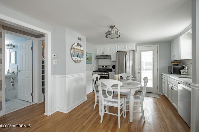 kitchen with appliances with stainless steel finishes, under cabinet range hood, light wood-style floors, a sink, and backsplash