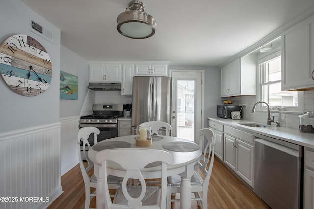 kitchen with appliances with stainless steel finishes, a sink, under cabinet range hood, light wood-type flooring, and wainscoting