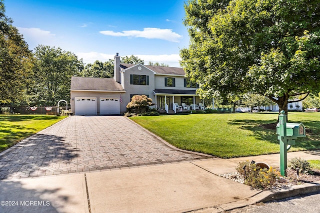 view of front of property with a garage and a front lawn