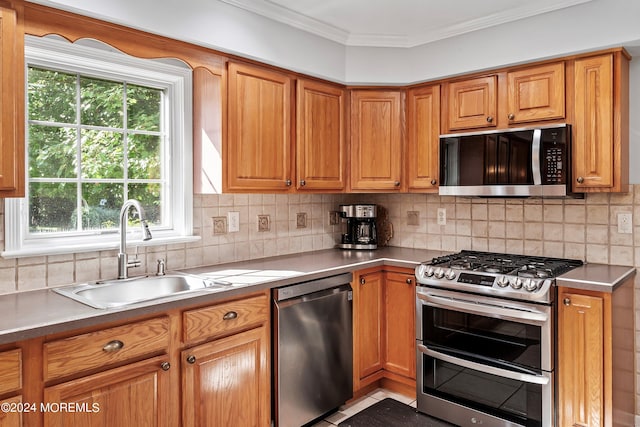 kitchen with ornamental molding, stainless steel appliances, plenty of natural light, and sink