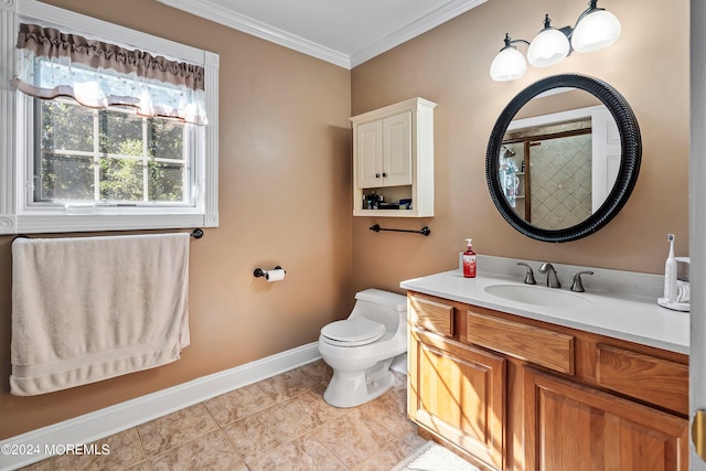 bathroom featuring ornamental molding, tile patterned flooring, vanity, and toilet