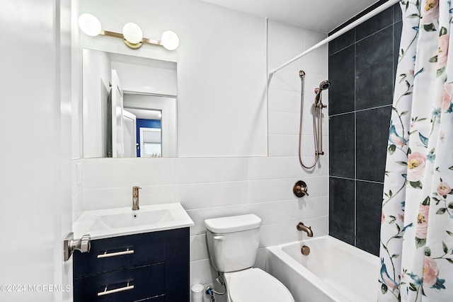 full bathroom featuring backsplash, shower / bathtub combination with curtain, toilet, tile walls, and vanity