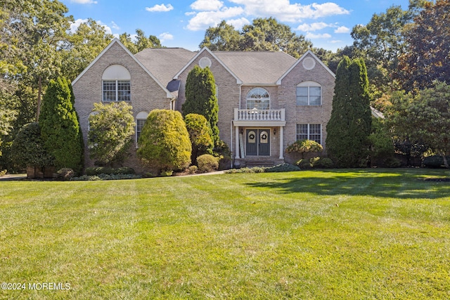 view of front property with a balcony and a front lawn