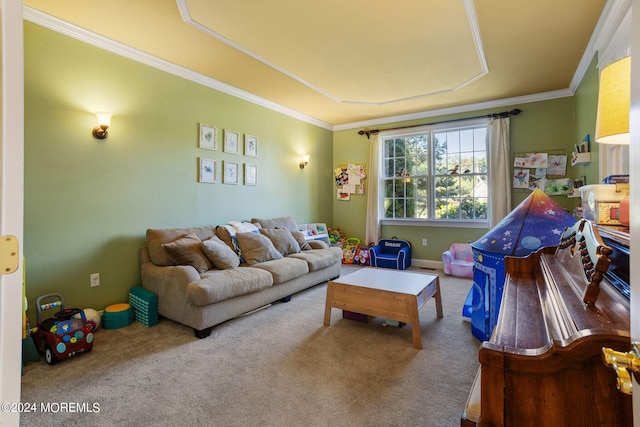 carpeted living room with crown molding