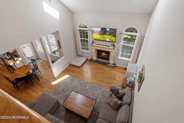 living room featuring high vaulted ceiling and wood-type flooring