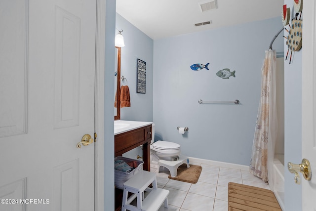 full bathroom with tile patterned flooring, vanity, toilet, and shower / tub combo with curtain