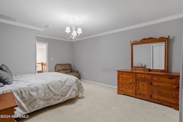 carpeted bedroom featuring crown molding and a notable chandelier