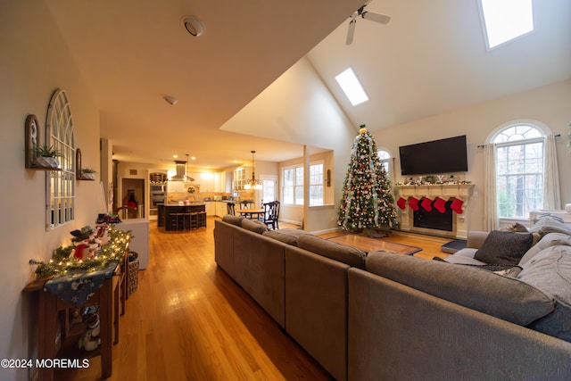 living room featuring a fireplace, light hardwood / wood-style floors, a skylight, and a healthy amount of sunlight