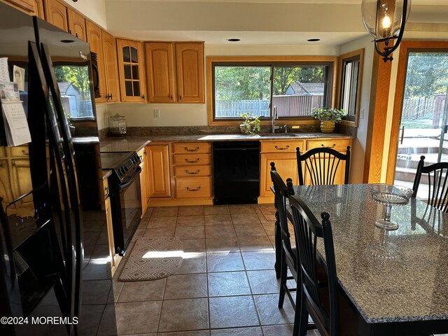 kitchen with pendant lighting, a wealth of natural light, sink, and black appliances