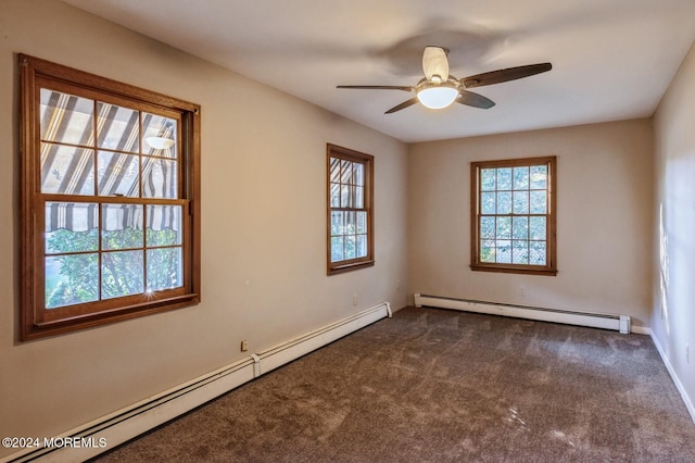 carpeted spare room featuring ceiling fan and baseboard heating