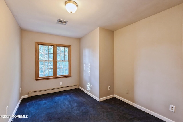 carpeted empty room featuring a baseboard radiator