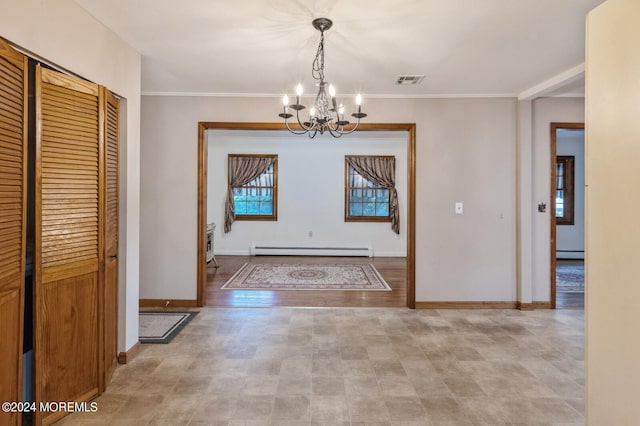 interior space with baseboard heating, a chandelier, ornamental molding, and light hardwood / wood-style flooring