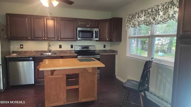 kitchen with a baseboard heating unit, dark wood-type flooring, sink, appliances with stainless steel finishes, and ceiling fan