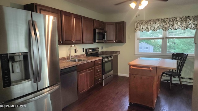 kitchen with ceiling fan, appliances with stainless steel finishes, dark wood-type flooring, and sink