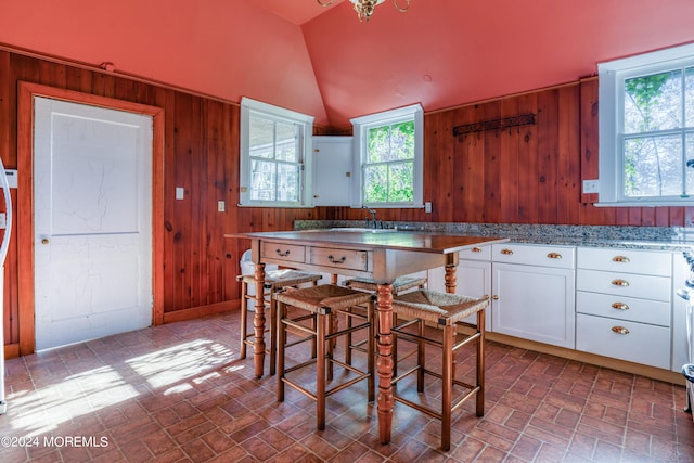 interior space featuring white cabinets, wooden walls, vaulted ceiling, and a wealth of natural light