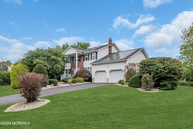 view of front of house with a front yard and a garage