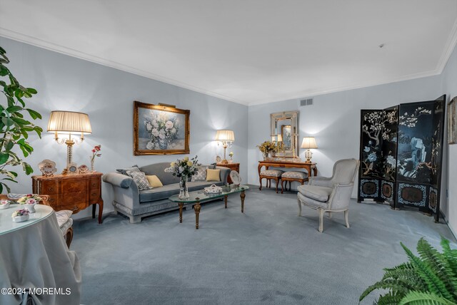 carpeted living room with crown molding