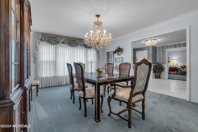 carpeted dining area featuring crown molding and a notable chandelier