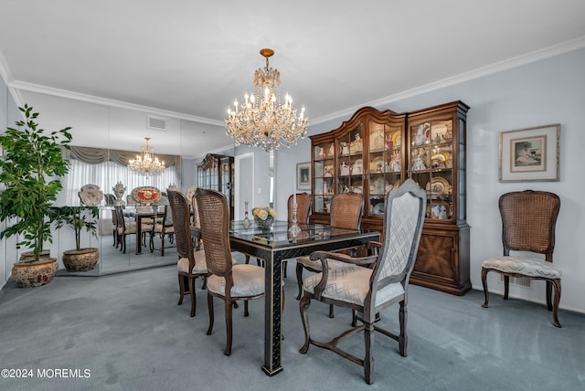 dining room featuring carpet floors, ornamental molding, and a chandelier