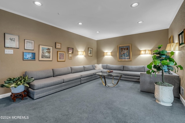 living room with ornamental molding and carpet flooring