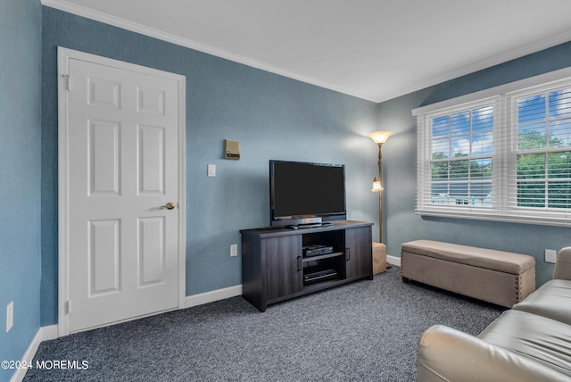 carpeted living room with crown molding