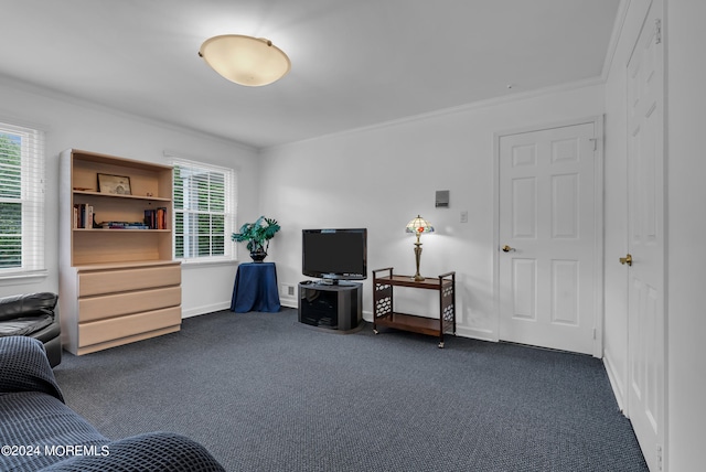 office featuring dark carpet, a wealth of natural light, and ornamental molding