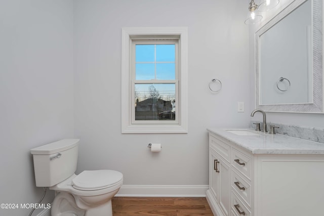 bathroom with vanity, wood-type flooring, and toilet