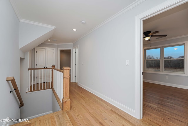 corridor with light hardwood / wood-style floors and crown molding