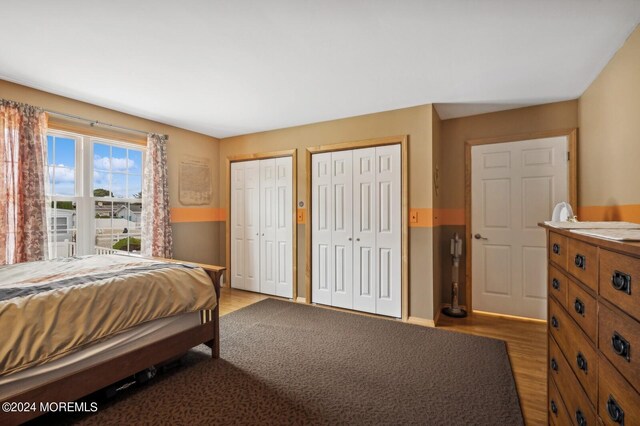 bedroom featuring multiple closets and wood-type flooring