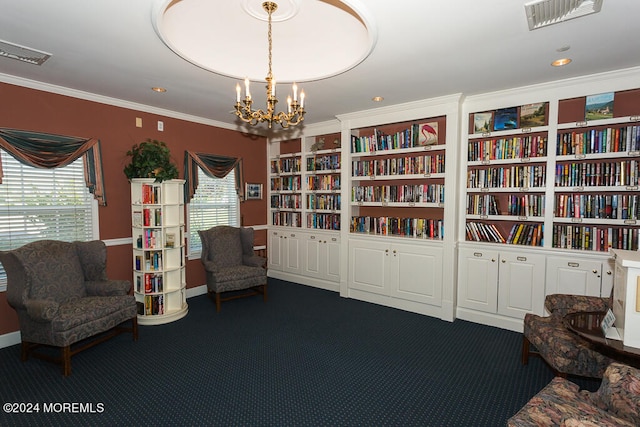 living area featuring dark colored carpet, plenty of natural light, and ornamental molding