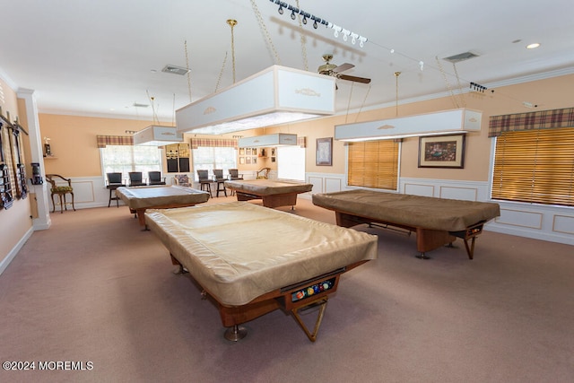 rec room featuring carpet flooring, crown molding, and pool table