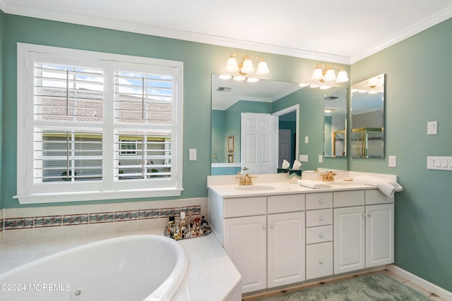 bathroom featuring vanity, a relaxing tiled tub, and ornamental molding