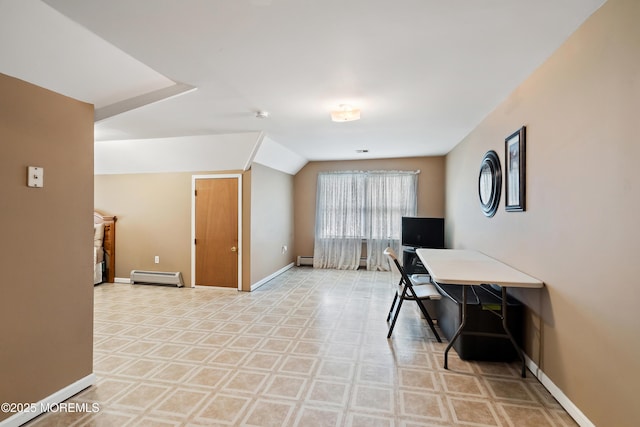 office area with lofted ceiling, baseboards, baseboard heating, and a baseboard radiator