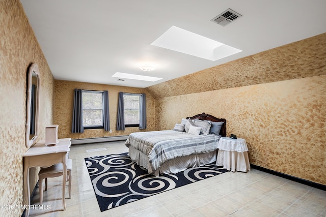 bedroom featuring visible vents, a baseboard heating unit, lofted ceiling with skylight, baseboards, and wallpapered walls