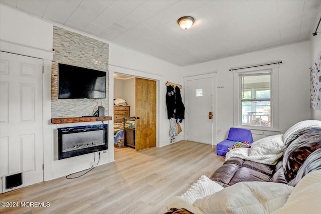 living room with light wood-type flooring and a fireplace