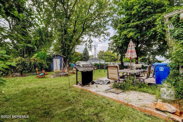 view of yard featuring a patio and a storage shed