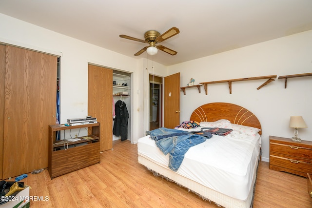 bedroom featuring light wood-type flooring and ceiling fan