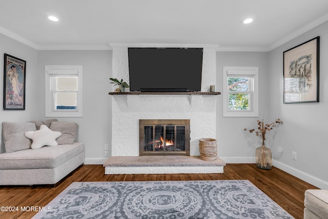 living area featuring wood finished floors, baseboards, and ornamental molding