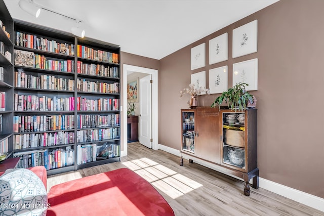 living area featuring rail lighting, baseboards, and wood finished floors