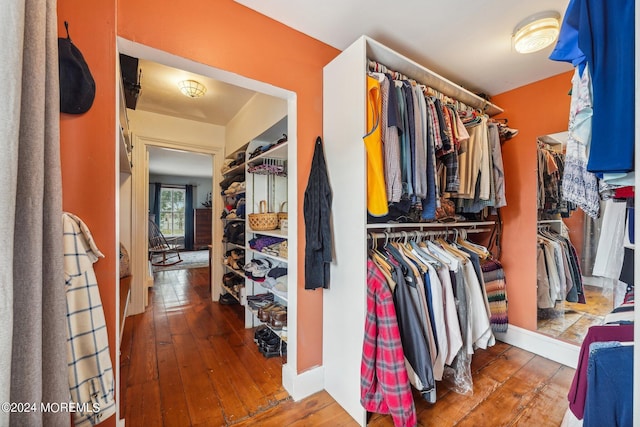 walk in closet with wood-type flooring