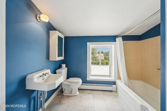 full bath featuring toilet, a baseboard heating unit, a sink, and shower / bath combo with shower curtain