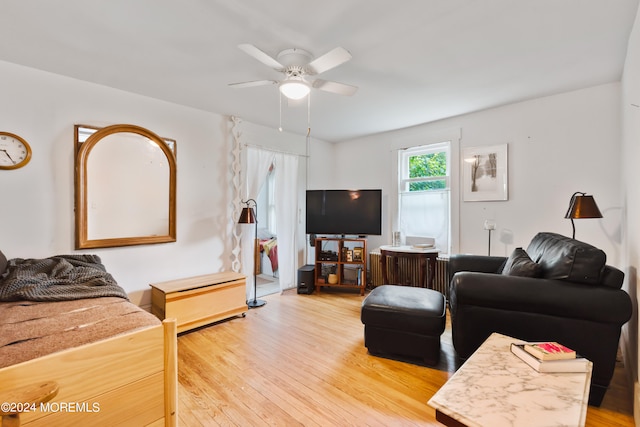 living room with wood-type flooring and ceiling fan