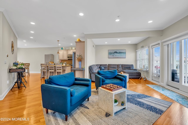 living room with light wood-type flooring and crown molding